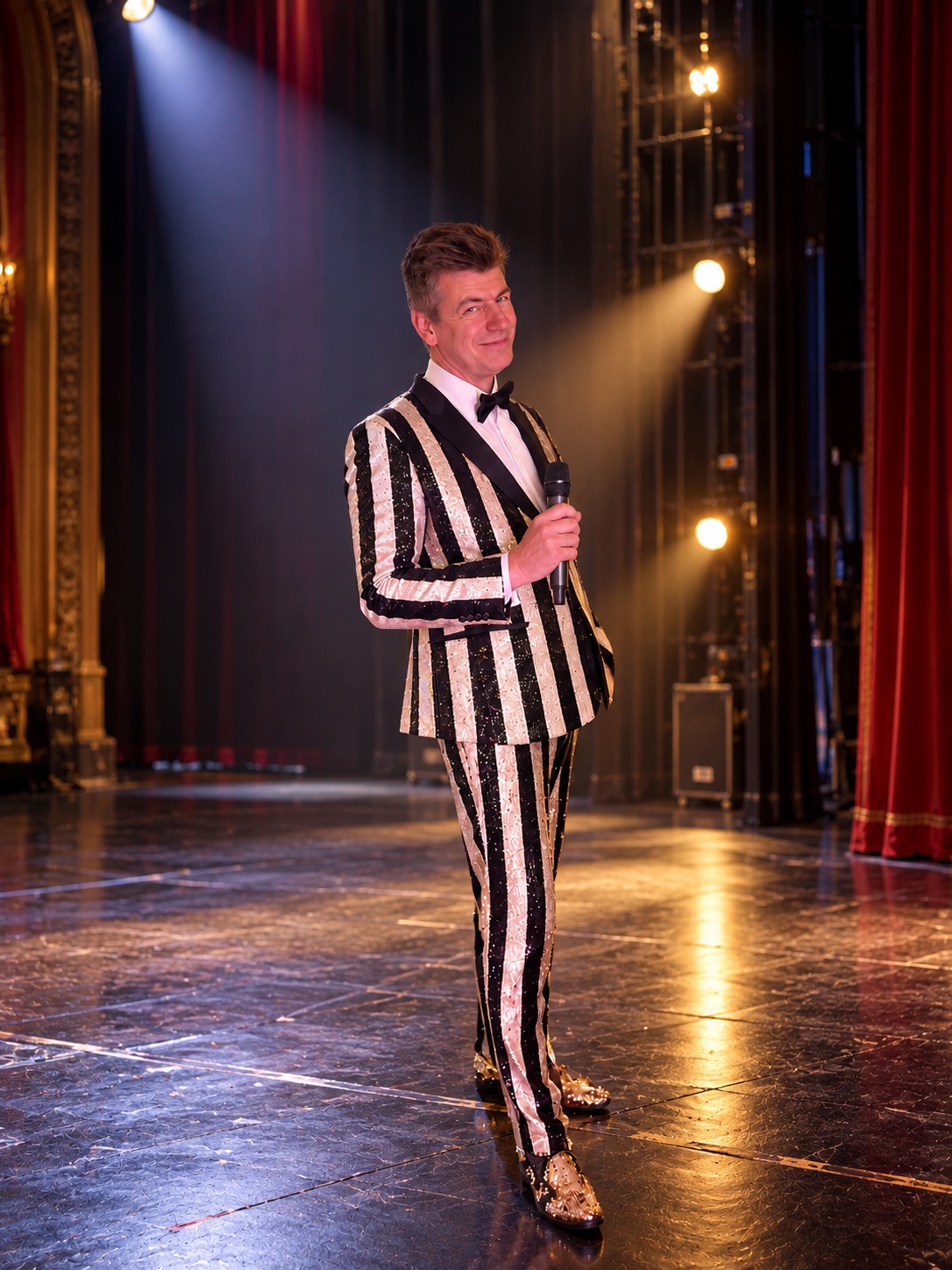 Rasmus Skovmand på scenen i sort-hvidt showkostume med mikrofon.